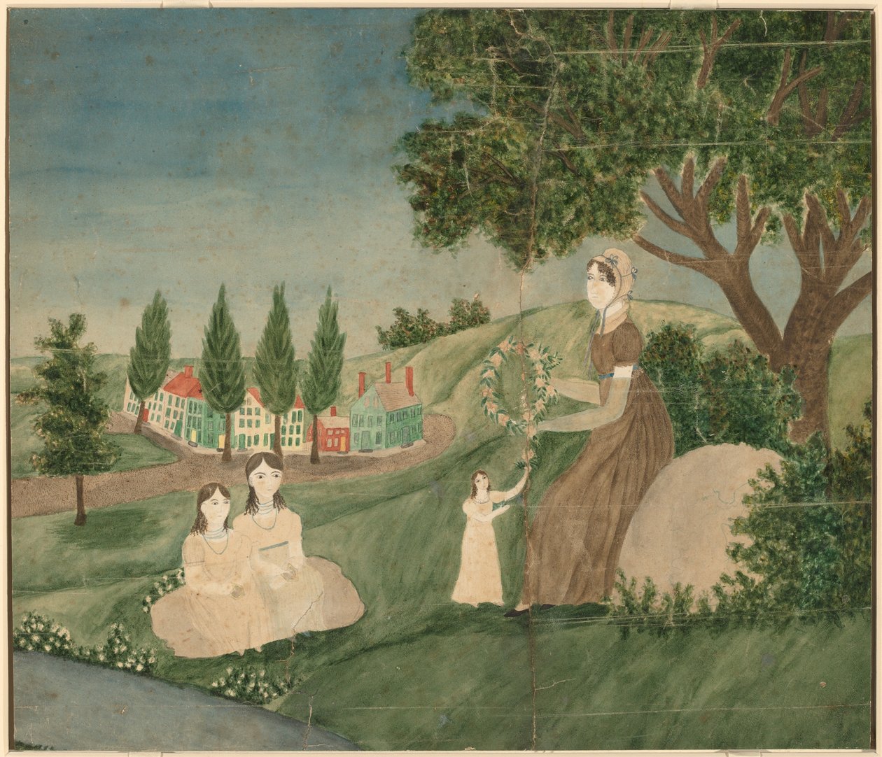 Mor og tre barn lager en blomsterkrans av American 19th Century