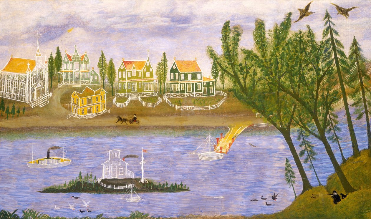 Landsby ved elven av American 19th Century
