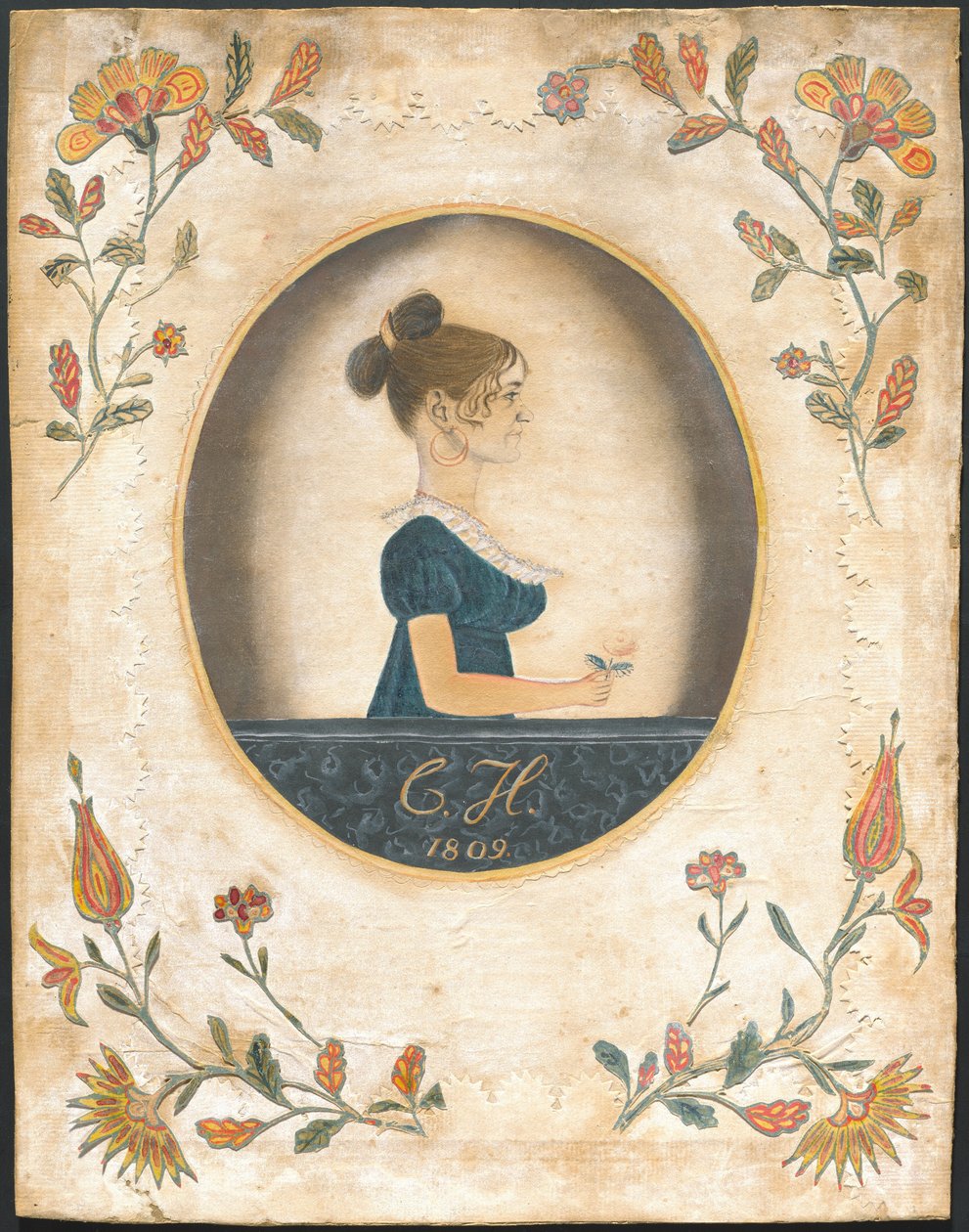 Kvinne som holder en rose av American 19th Century