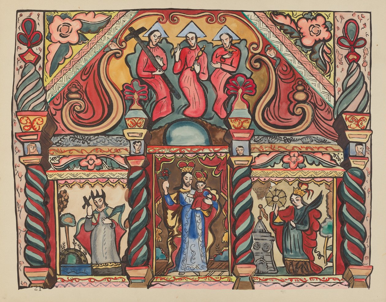 Plate 21: Hovedaltertavle: Fra porteføljen "Spanish Colonial Designs of New Mexico" av American 20th Century