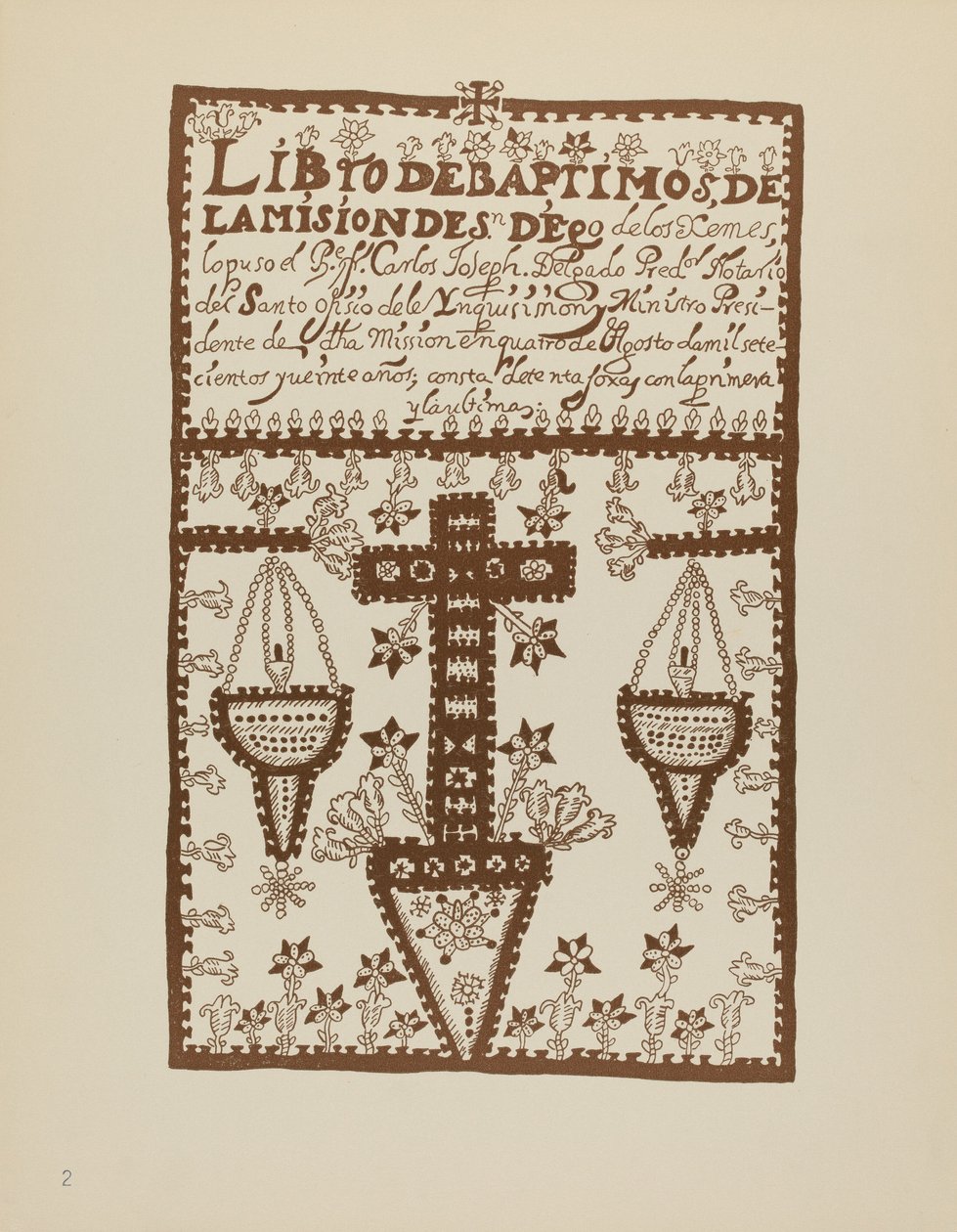 Plate 2: Jemez Book of Baptisms: Fra porteføljen "Spanske kolonialdesign i New Mexico" av American 20th Century