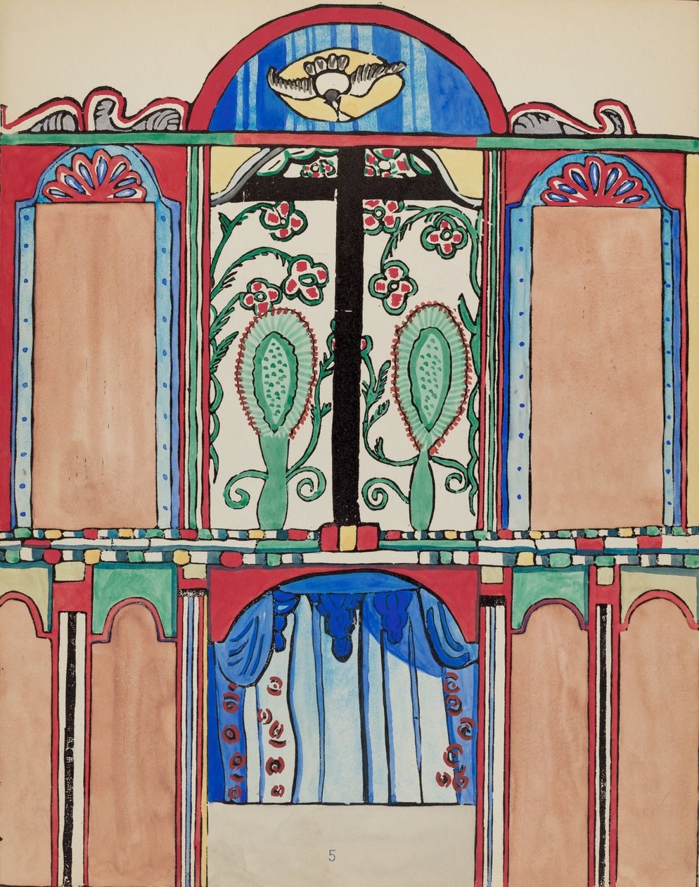Plate 5: Hovedaltertavle, Santa Cruz: Fra porteføljen "Spanish Colonial Designs of New Mexico" av American 20th Century
