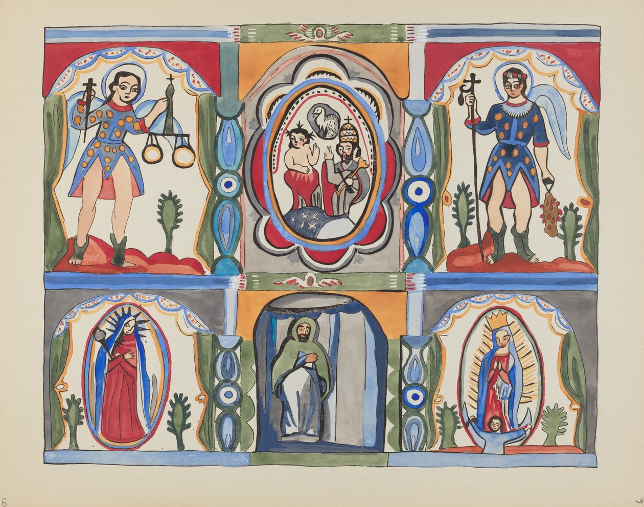 Plate 6: Kapellaltertavle, Santa Cruz: Fra porteføljen "Spanish Colonial Designs of New Mexico" av American 20th Century