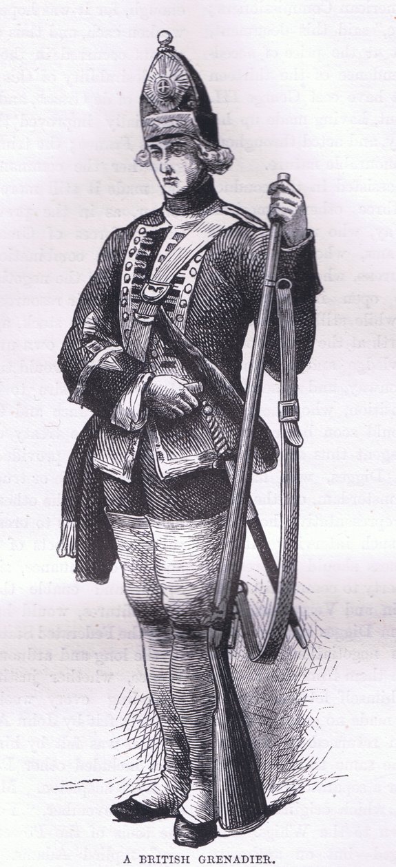 En britisk grenadier, illustrasjon fra Cassells History of the United States utgitt av Cassell, Petter & Galpin, ca. 1900 (litho) av American English school