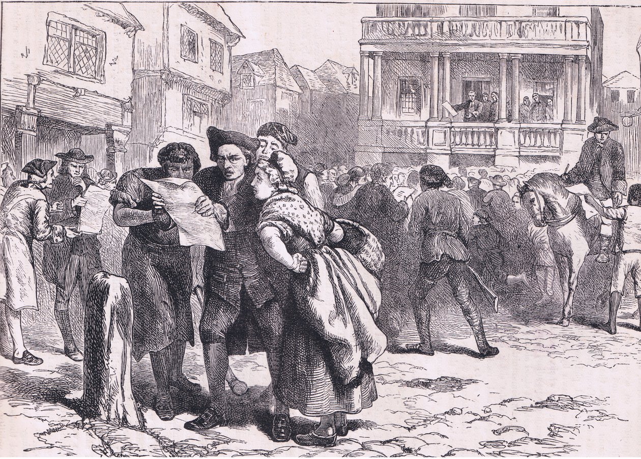 Bostonianere som leser Stamp Act, illustrasjon fra Cassells History of the United States utgitt av Cassell, Petter & Galpin, ca. 1900 (litho) av American English school