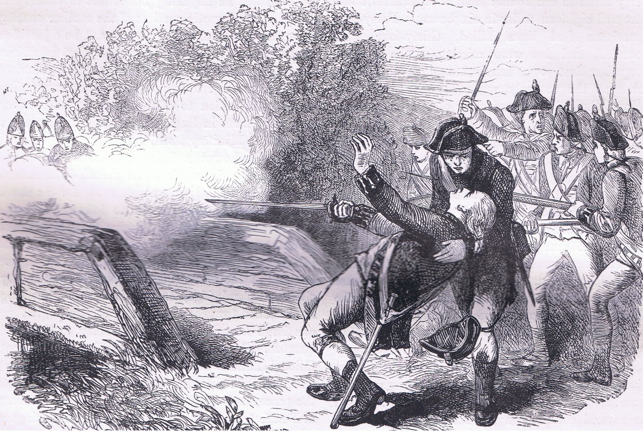 Death of Isaac Davis, illustrasjon fra Cassells History of the United States utgitt av Cassell, Petter & Galpin, ca. 1900 (litho) av American English school
