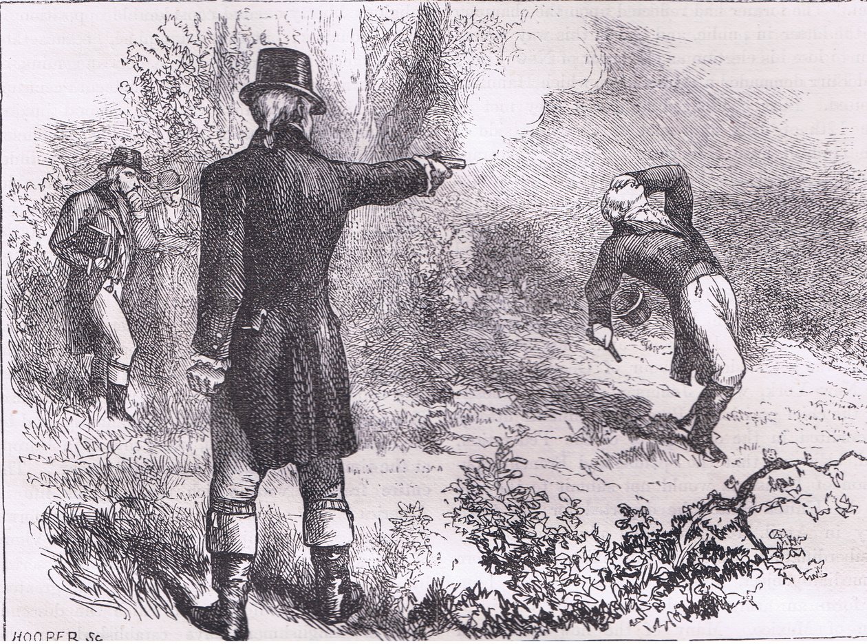 Duell mellom Burr og Hamilton, illustrasjon fra Cassells History of the United States utgitt av Cassell, Petter & Galpin, ca. 1900 (litho) av American English school