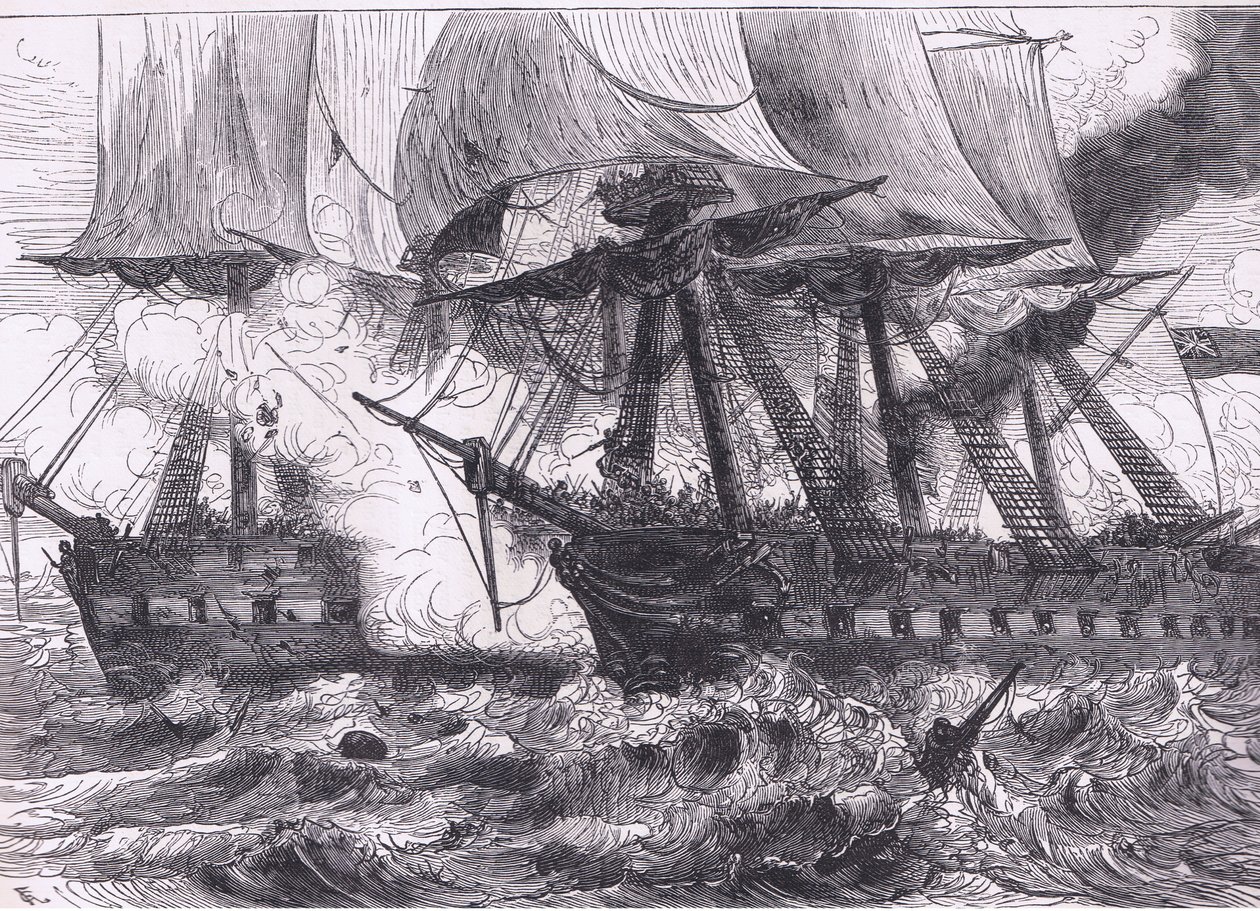 Kamp mellom Chesapeake og Shannon, illustrasjon fra Cassells History of the United States utgitt av Cassell, Petter & Galpin, ca. 1900 (litho) av American English school