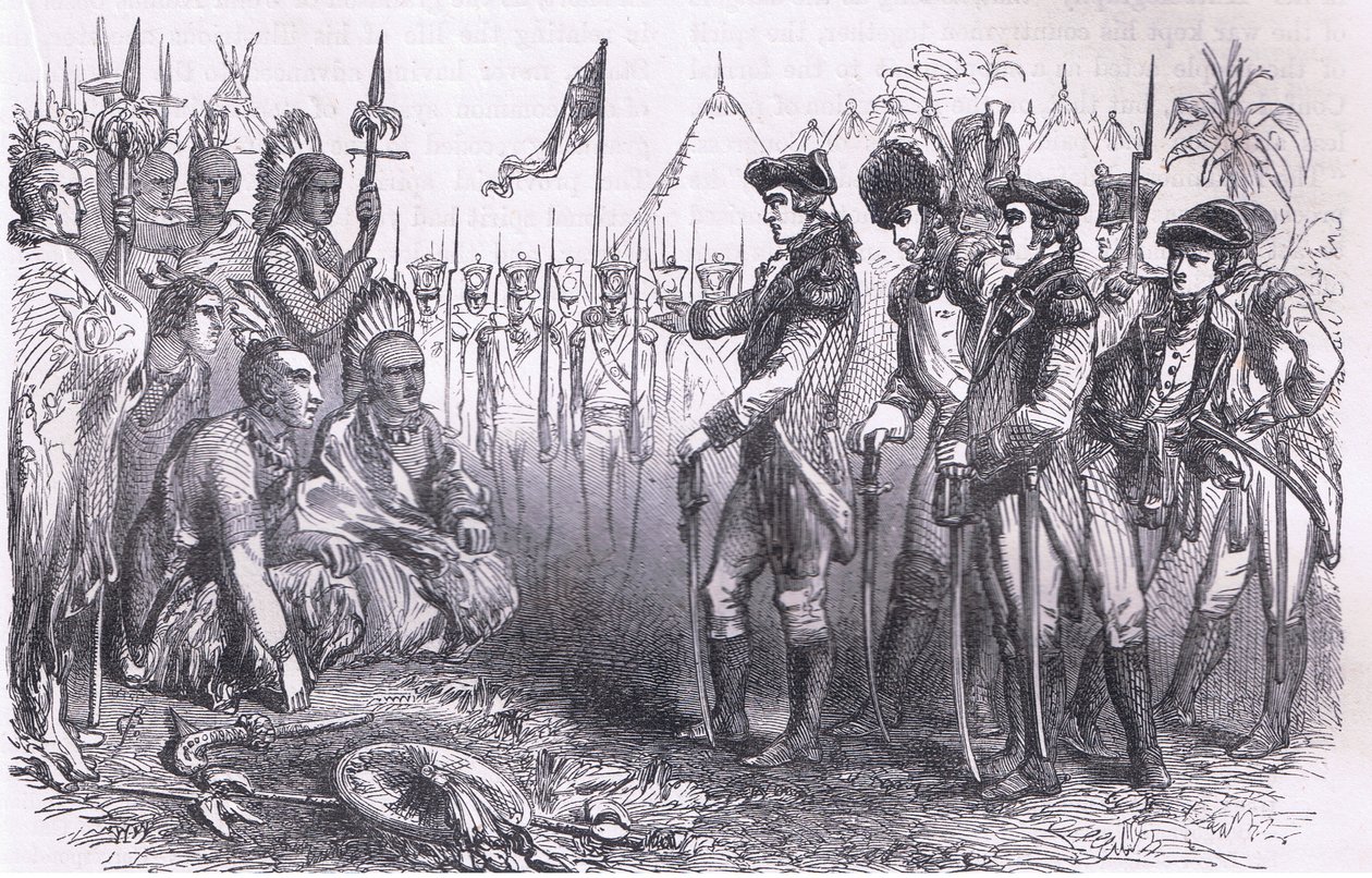 General Burgoyne henvender seg til indianerne, illustrasjon fra Cassells History of the United States utgitt av Cassell, Petter & Galpin, ca. 1900 (litho) av American English school