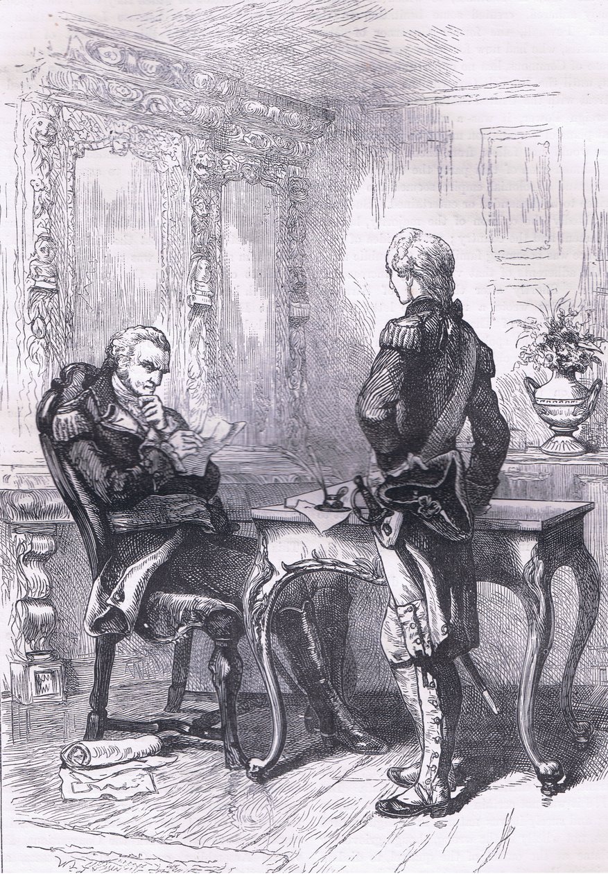 Lafayette og Washington, illustrasjon fra Cassells History of the United States utgitt av Cassell, Petter & Galpin, ca. 1900 (litho) av American English school