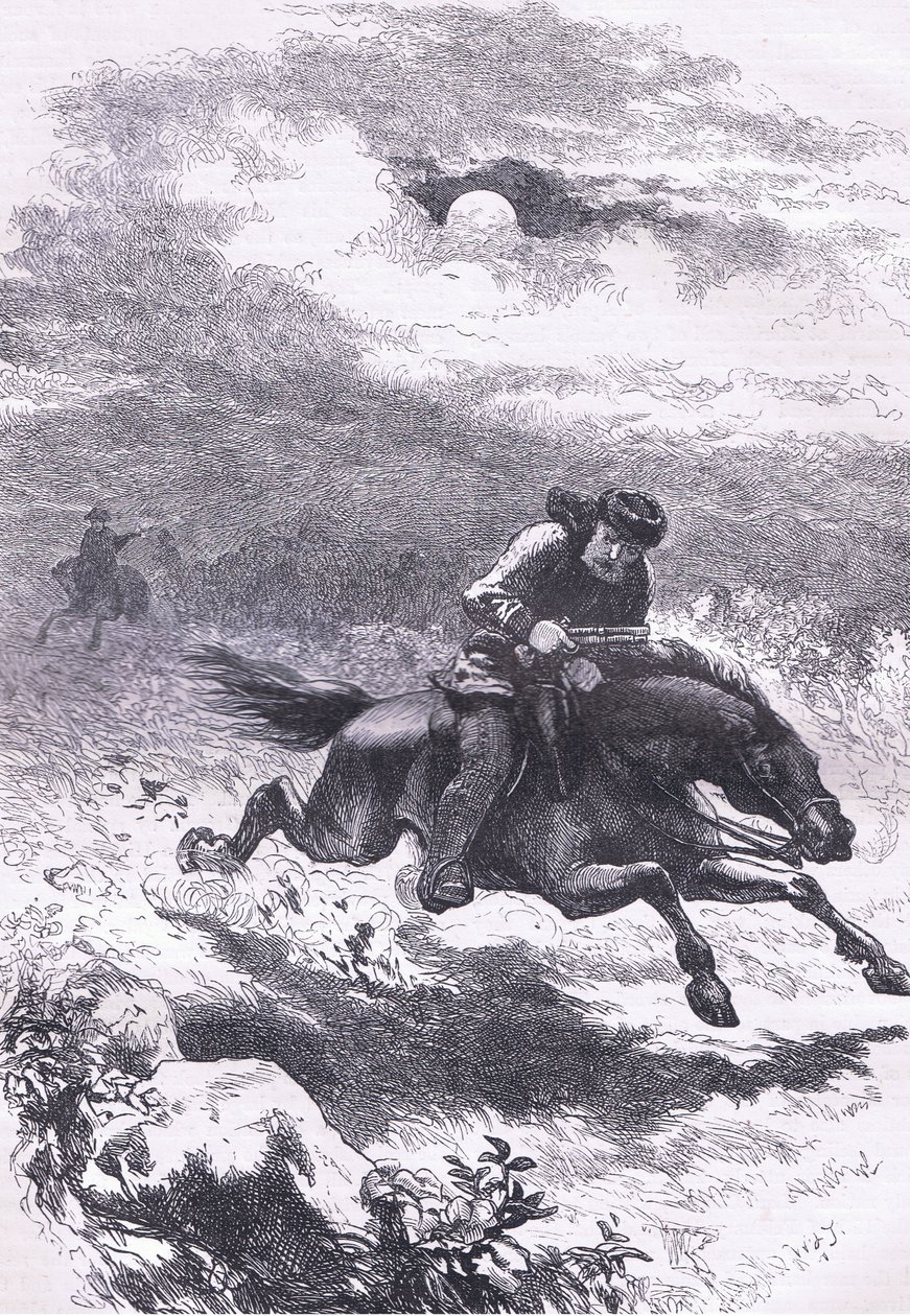 Pursuit of Paul Revere the scout, illustrasjon fra Cassells History of the United States utgitt av Cassell, Petter & Galpin, ca. 1900 (litho) av American English school