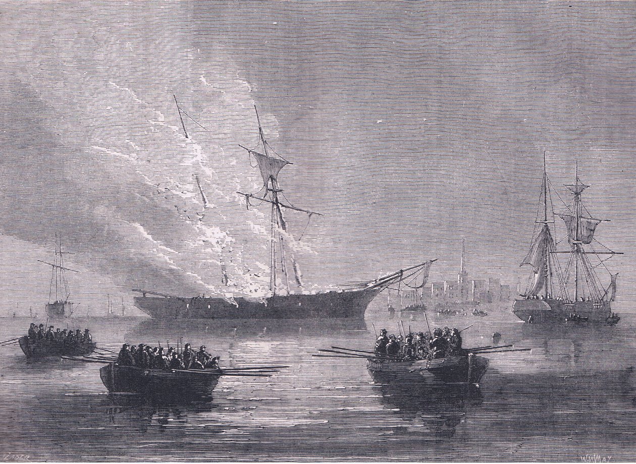 The burning of Gaspe, illustrasjon fra Cassells History of the United States utgitt av Cassell, Petter & Galpin, ca. 1900 (litho) av American English school