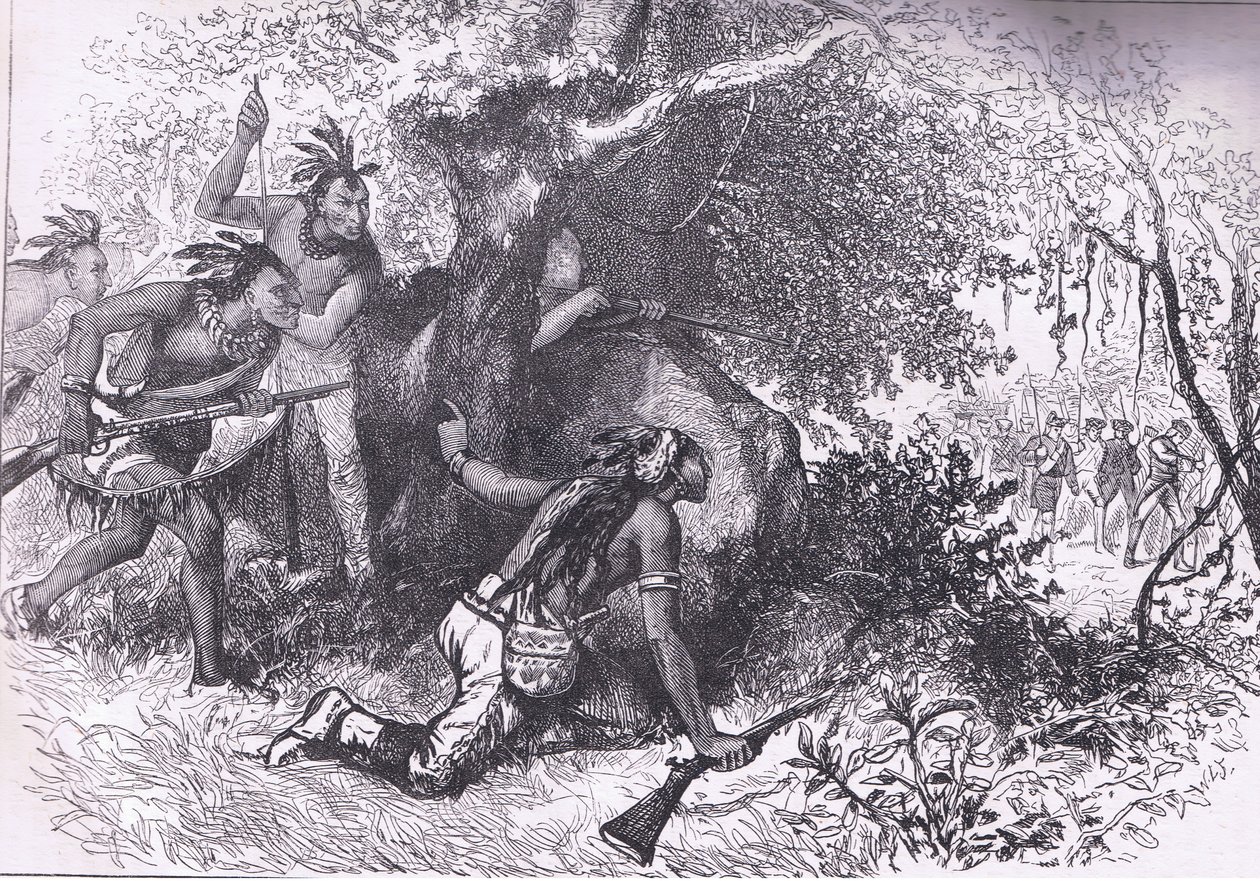 Treachery of the Cherokees 1760, illustrasjon fra Cassells History of the United States utgitt av Cassell, Petter & Galpin, ca. 1900 (litho) av American English school