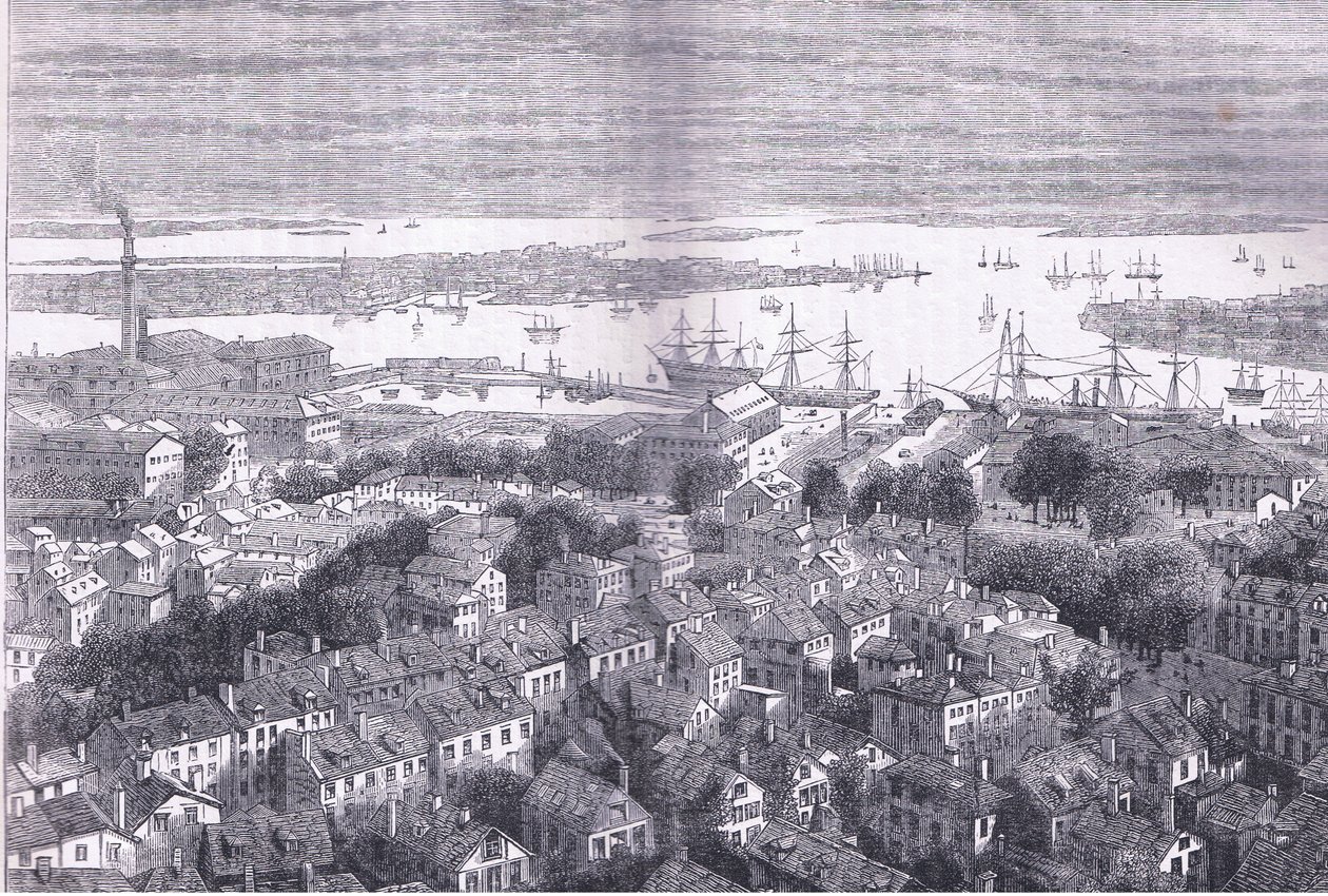 View of Boston av Bunkers Hill, illustrasjon fra Cassells History of the United States utgitt av Cassell, Petter & Galpin, ca. 1900 (litho) av American English school