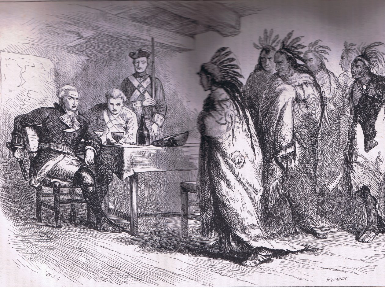 Besøk av Pontiac og indianerne til major Gladwin 1763, illustrasjon fra Cassells History of the United States utgitt av Cassell, Petter & Galpin, ca. 1900 (litho) av American English school