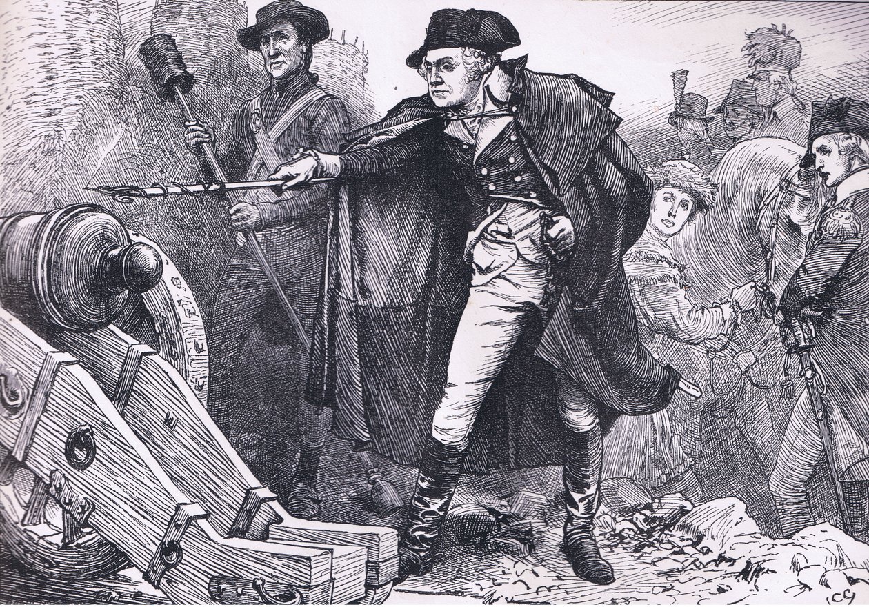 Washington ved beleiringen av Yorktown, illustrasjon fra Cassells History of the United States utgitt av Cassell, Petter & Galpin, ca. 1900 (litho) av American English school
