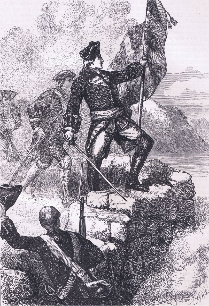 Washington planter det britiske flagget ved Fort Duquesne, illustrasjon fra Cassells History of the United States utgitt av Cassell, Petter & Galpin, ca. 1900 (litho) av American English school