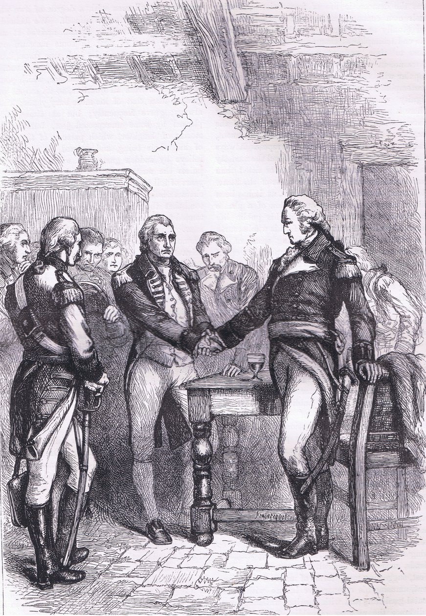 Washington tar avskjed med sine gamle kamerater, illustrasjon fra Cassells History of the United States utgitt av Cassell, Petter & Galpin, ca. 1900 (litho) av American English school