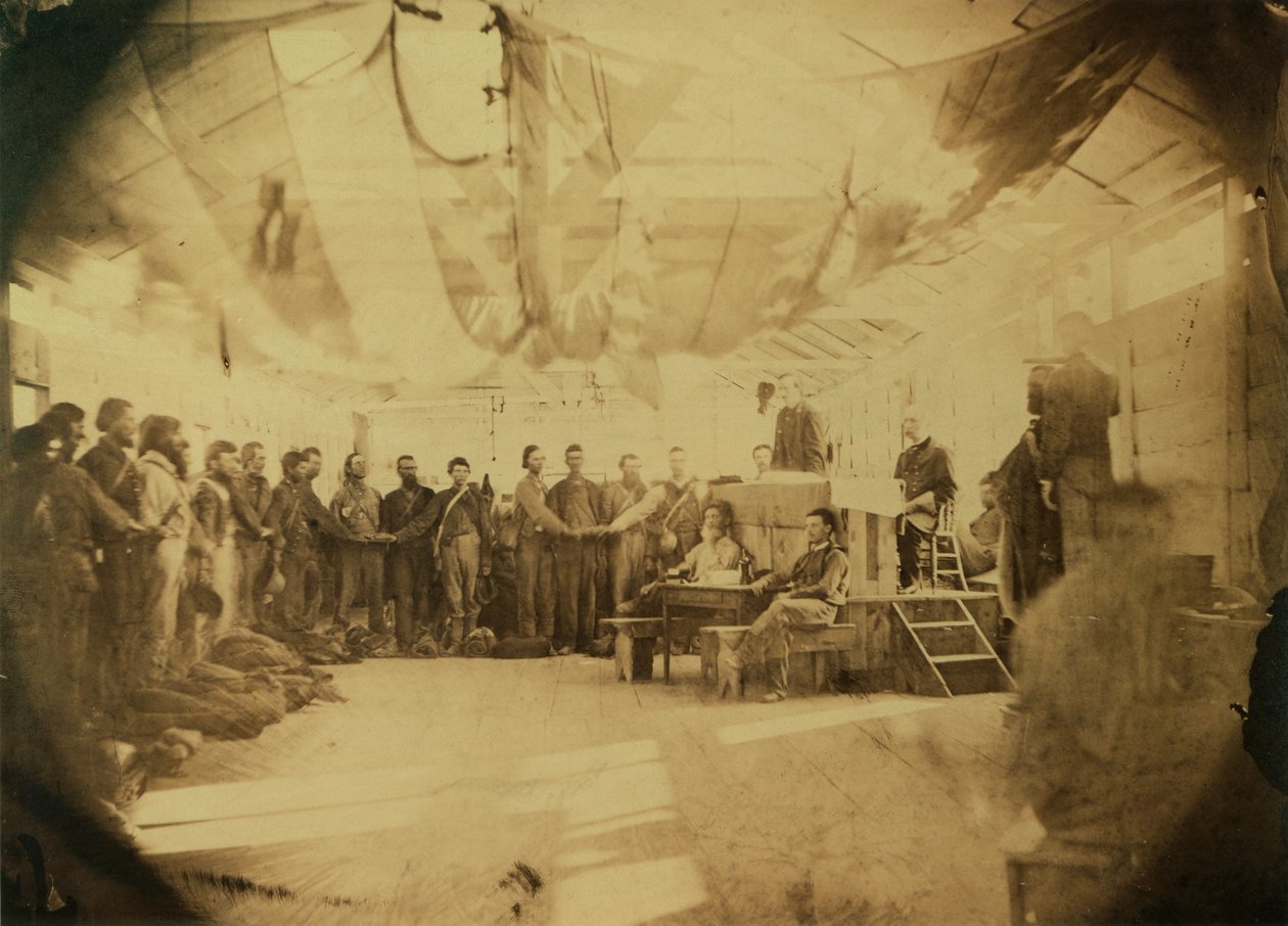 Administrasjon av troskapseden til konfødererte fanger, Point Lookout, Maryland, 30. juni 1865 (sepiatrykk) av American Photographer