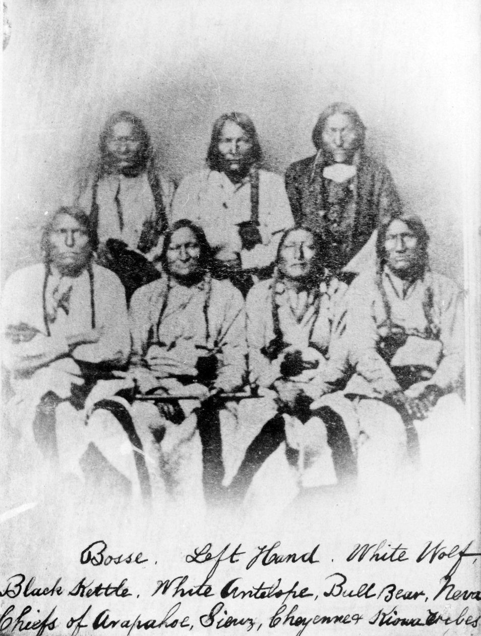 Bose, venstre hånd, hvit ulv, svart vannkoker, hvit antilope, oksebjørn, Neva: høvdinger for stammene Arapahoe, Sioux, Cheyenne og Kiowa, ca. 1860-68 av American Photographer