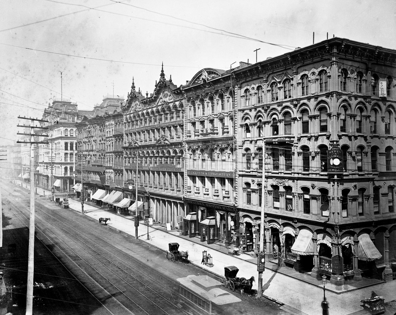 Østsiden av State Street ser nordover fra Madison Street, Chicago, ca. 1878 av American Photographer