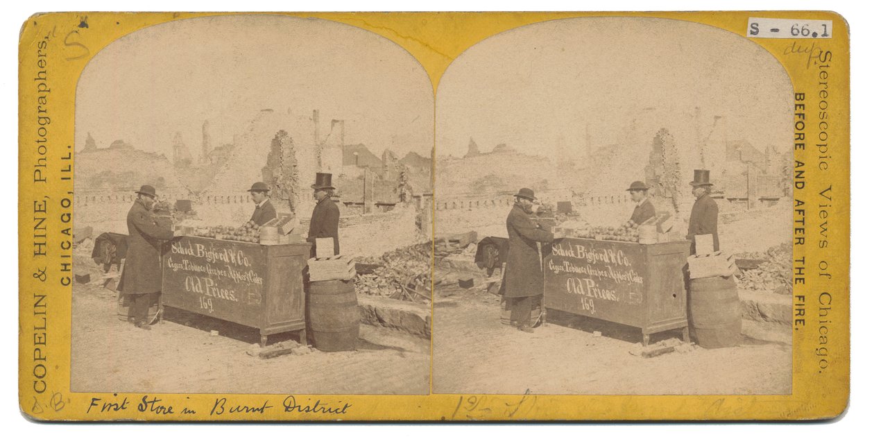 Første butikk i det brente distriktet, 1871 av American Photographer