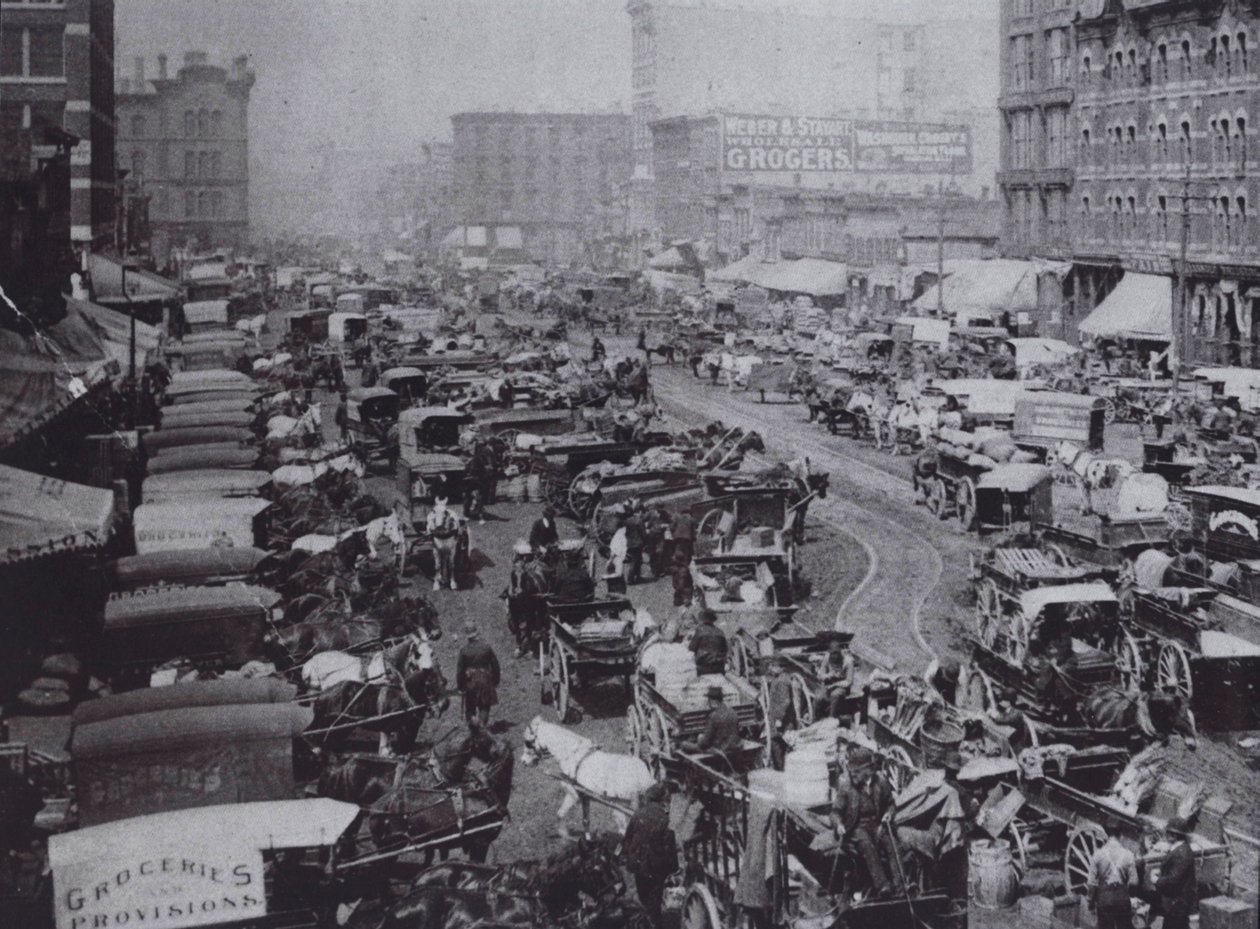 Haymarket Square fullpakket med hestevogner, Chicago av American Photographer