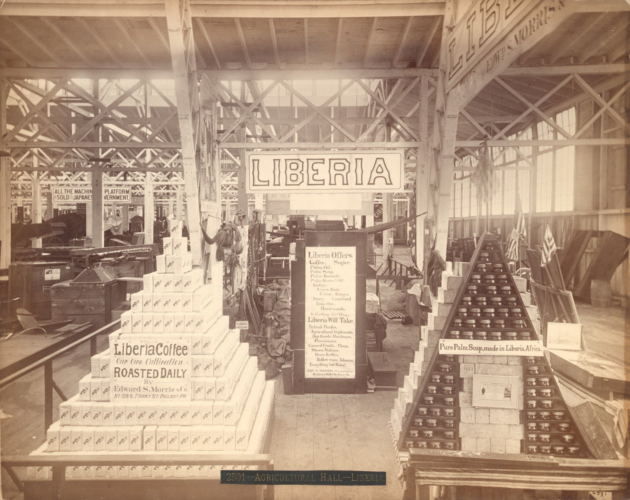 Liberia såpe- og kaffeutstilling, Agricultural Hall, Philadelphia Centennial Exhibition, 1876 (albumintrykk) av American Photographer