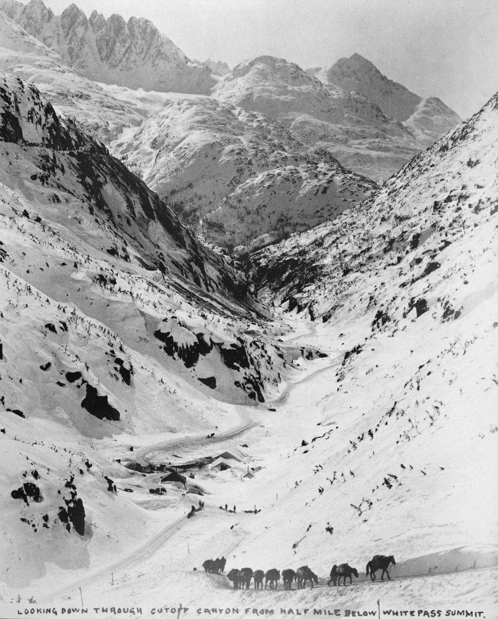 Ser ned gjennom Cutoff Canyon fra en halv mil nedenfor White Pass Summit, under klondike Gold Rush (1817-98) 1898 (s/hv foto) av American Photographer