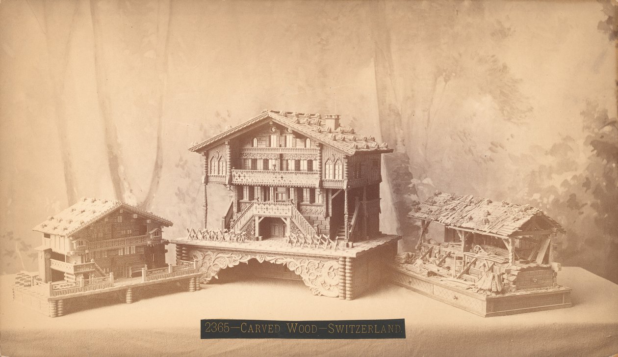 Sveitsiske hytter, utskårne modeller, Philadelphia Centennial International Exhibition, 1876 (sølvalbumintrykk) av American Photographer