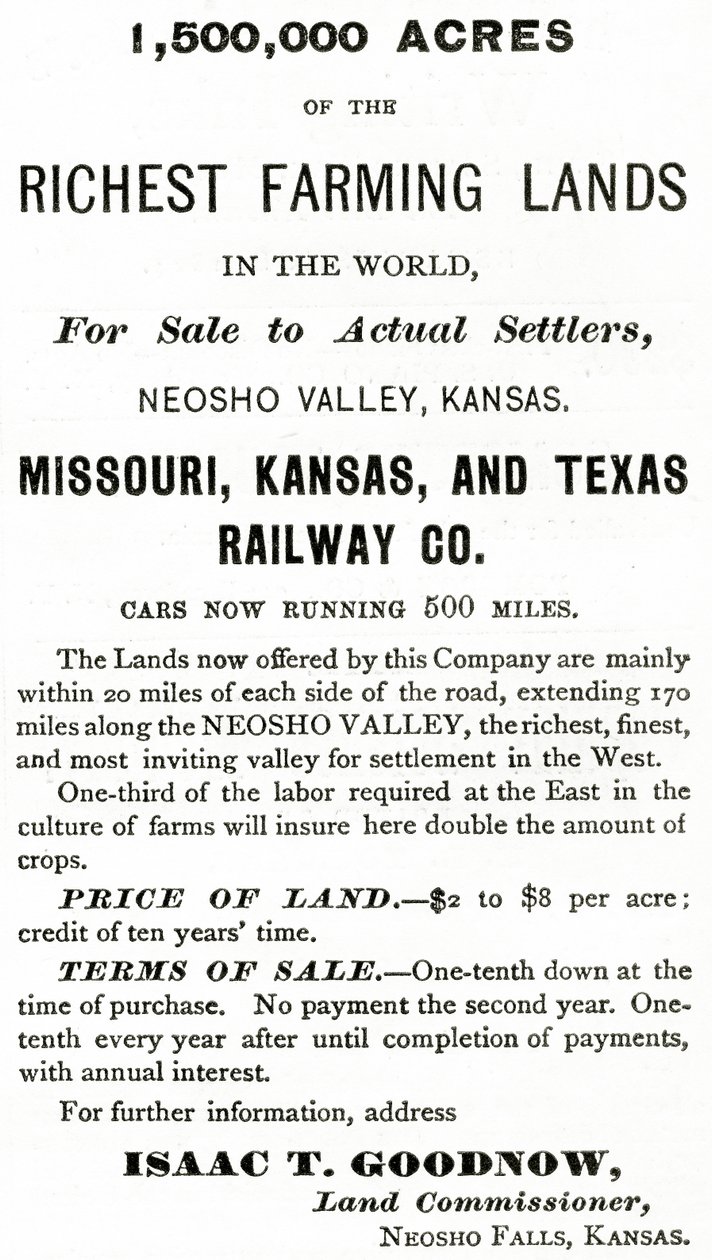 1 500 000 dekar av de rikeste jordbruksland i verden, i Neosho Valley, Kansas, annonse fra Appletons Journal, 4. mai 1872 av American School
