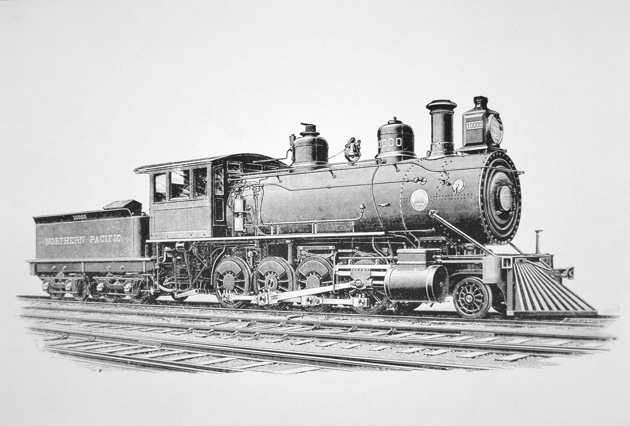 Et lokomotiv av 2-8-0 Consolidation type bygget av Baldwin i juni 1889 for Northern Pacific Railway (litho) av American School
