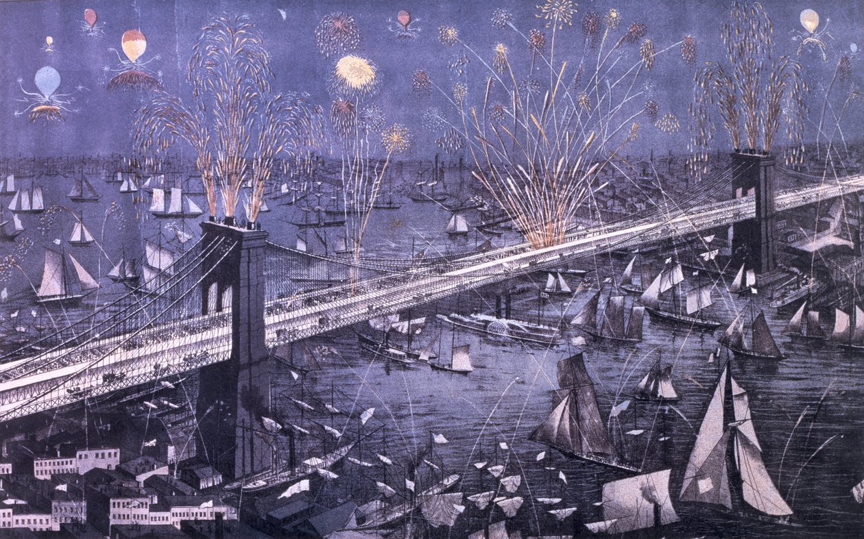 Et fugleperspektiv av Great New York og Brooklyn Bridge og storslått visning av brannverk på åpningskvelden, 1883, pub. av A. Major av American School