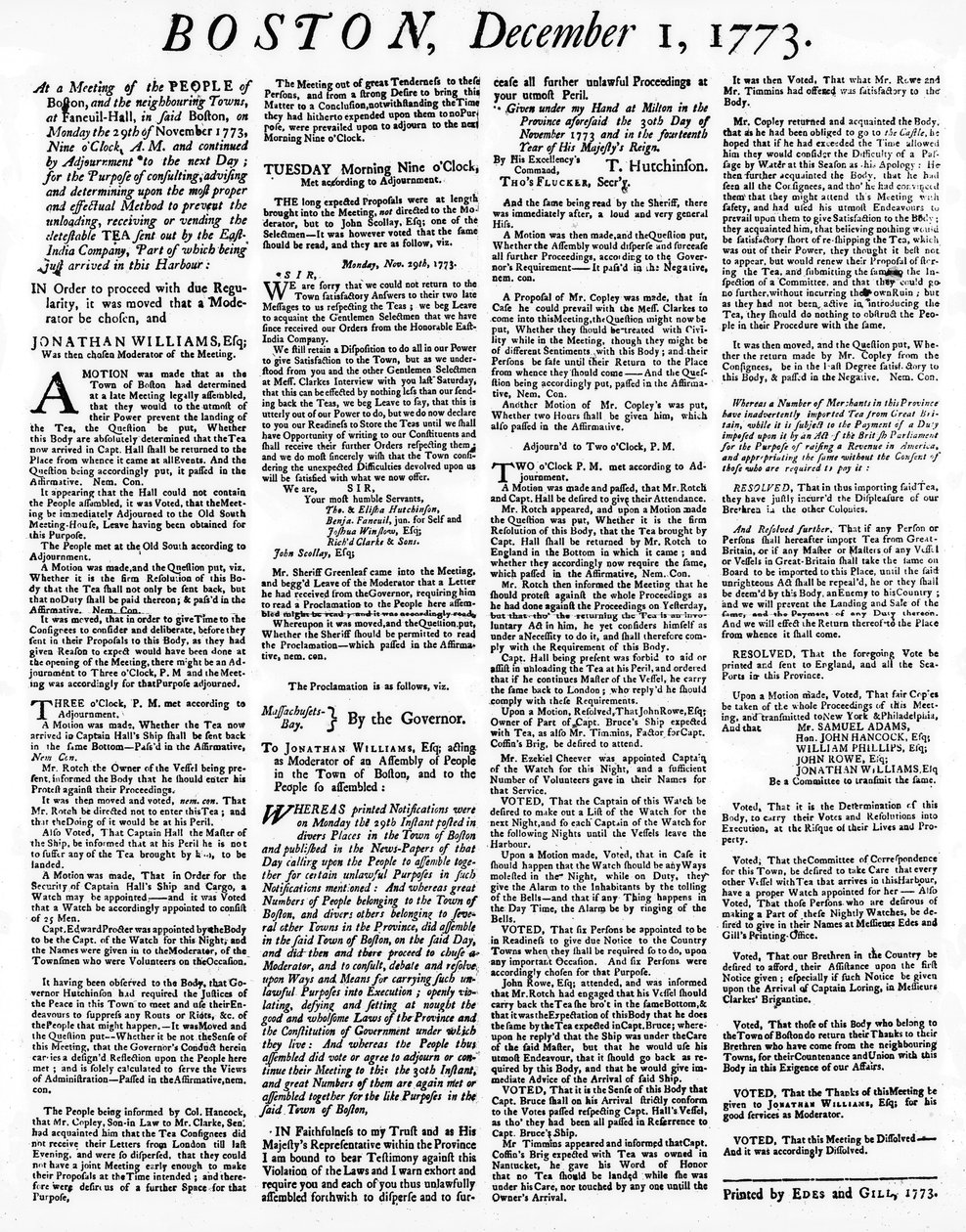 En Broadside-avis som beskriver begivenhetene under Boston Tea Party, desember 1773 (trykk) av American School