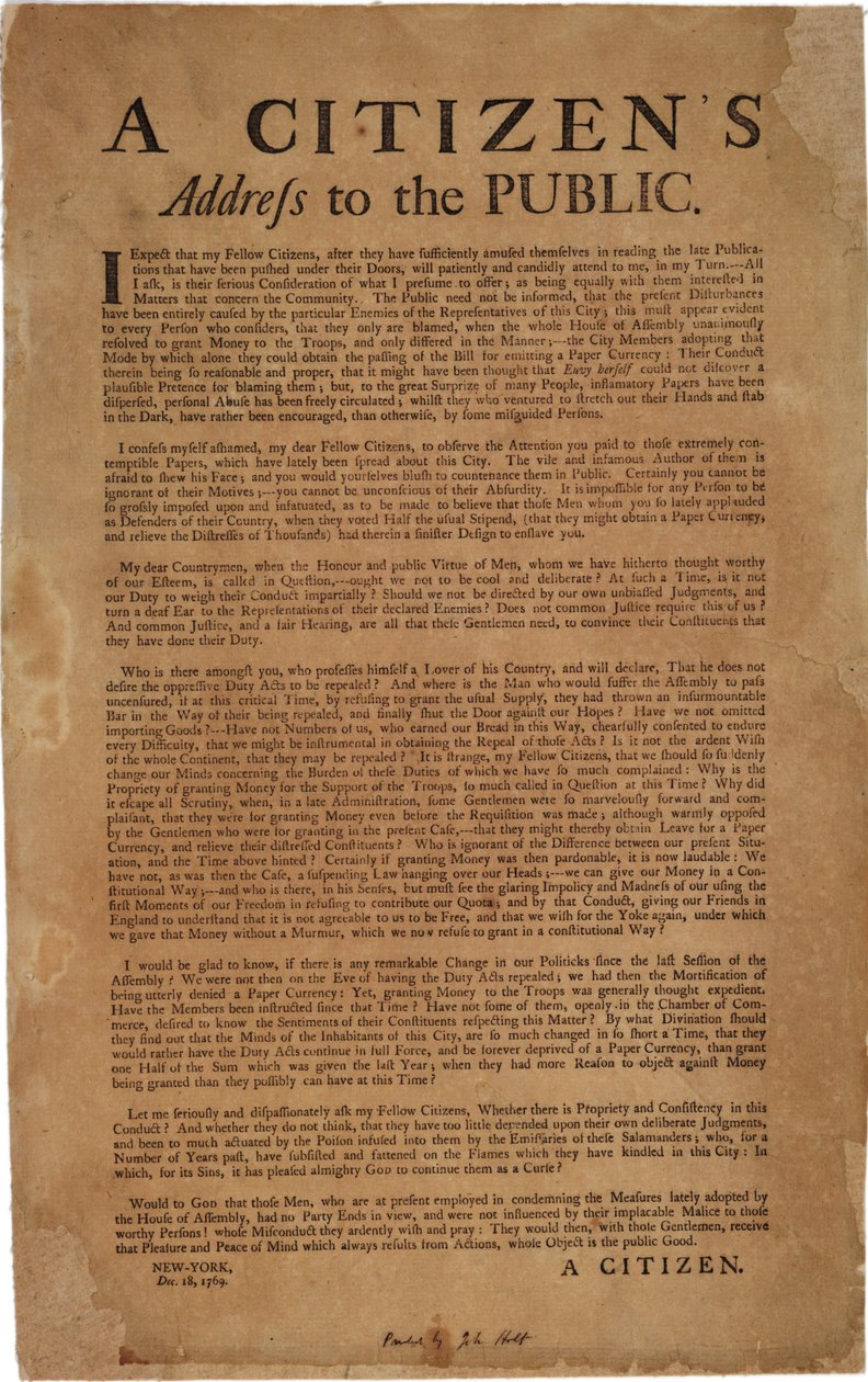 A Citizens Address to the Public om: støtte til kongelige tropper, 18. desember 1769 av American School