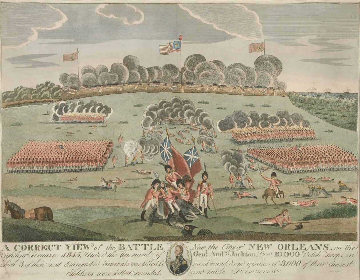 Et riktig syn på slaget nær byen New Orleans, pub. ca. 1815 (håndfarget gravering) av American School