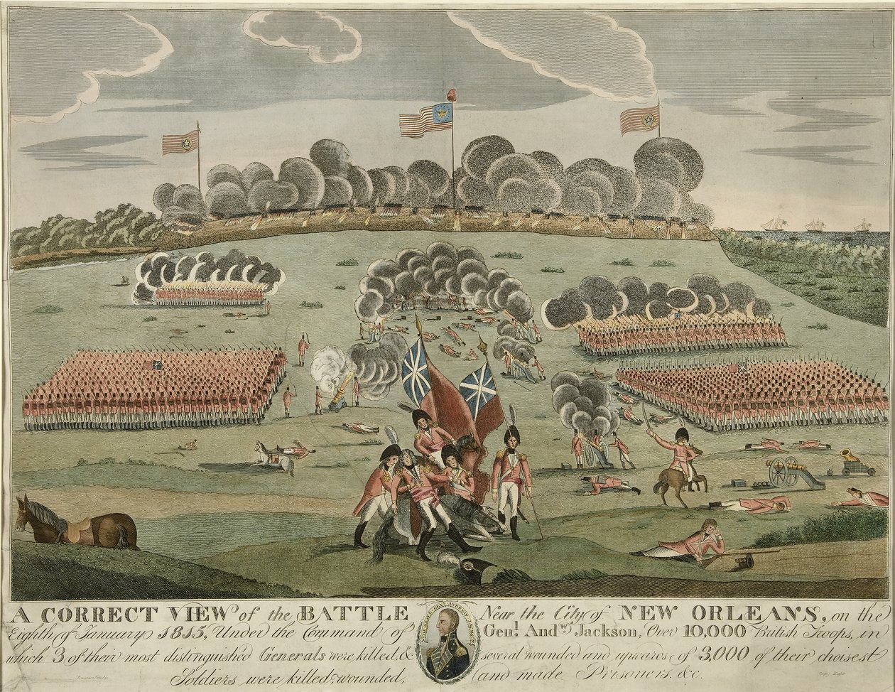 Et riktig syn på slaget nær byen New Orleans, pub. ca. 1815 (håndfarget gravering) av American School