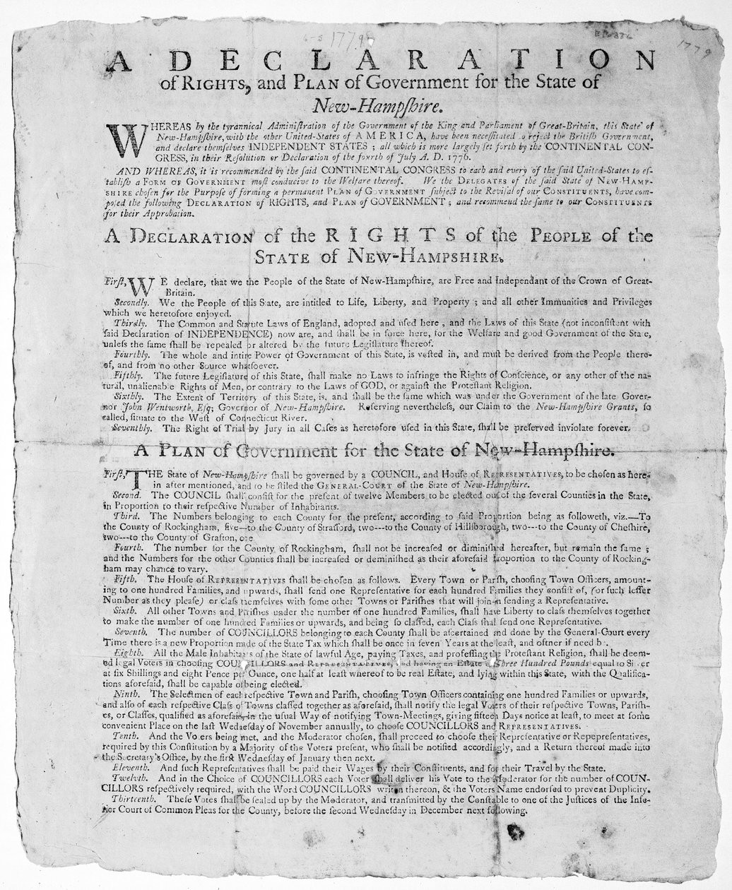 En erklæring om rettigheter og regjeringsplan for staten New Hampshire, 1779 (trykk) av American School