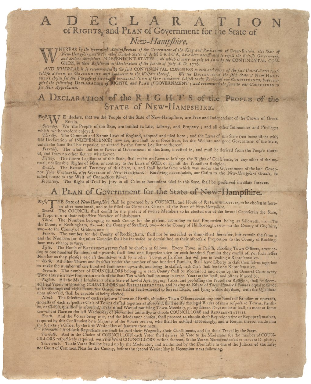 En rettighetserklæring og en bønn fra regjeringen for staten New Hampshire, 1779 av American School
