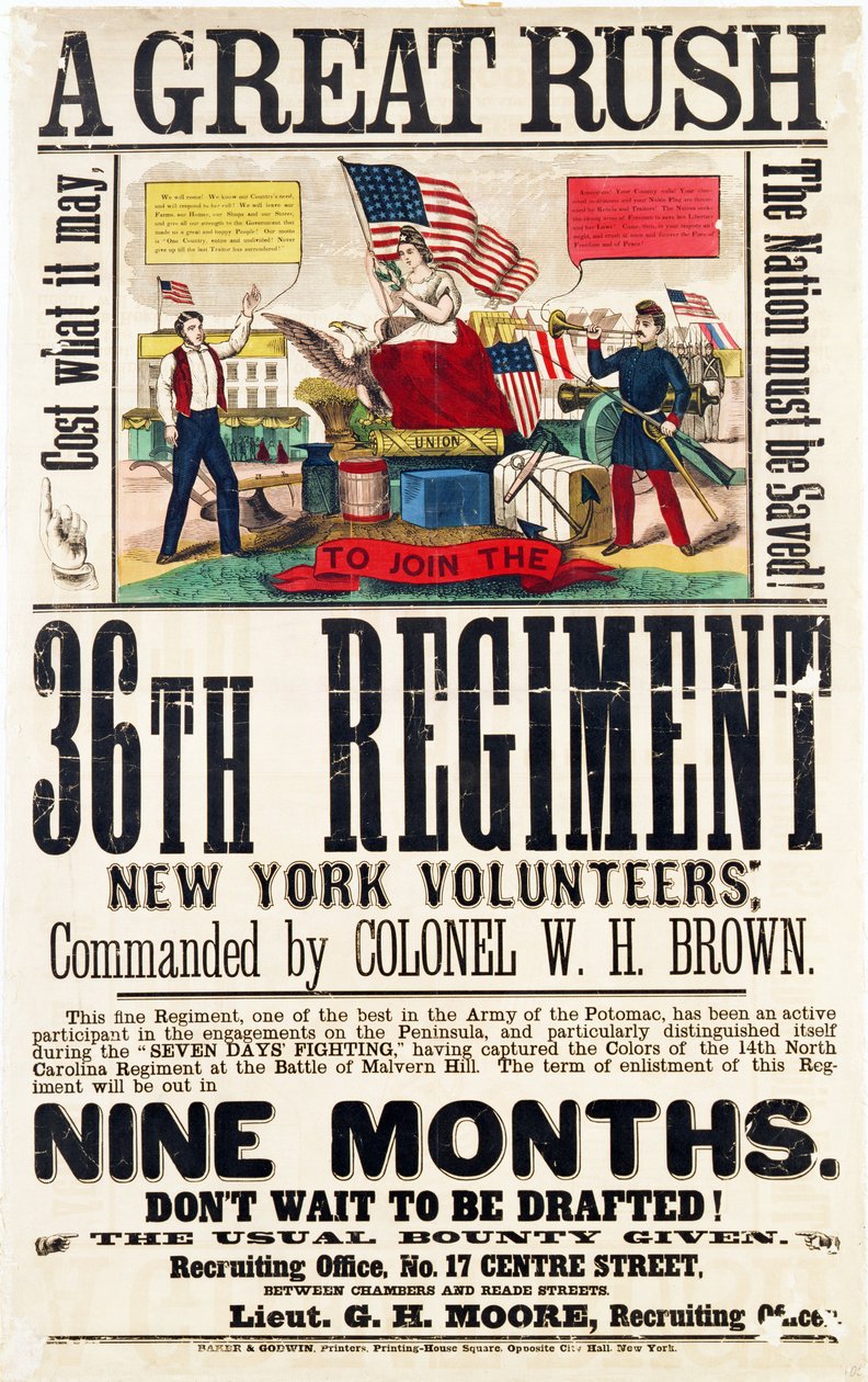 A Great Rush, rekrutteringsplakat for 36. regiment, utgitt av Baker & Goodwin av American School