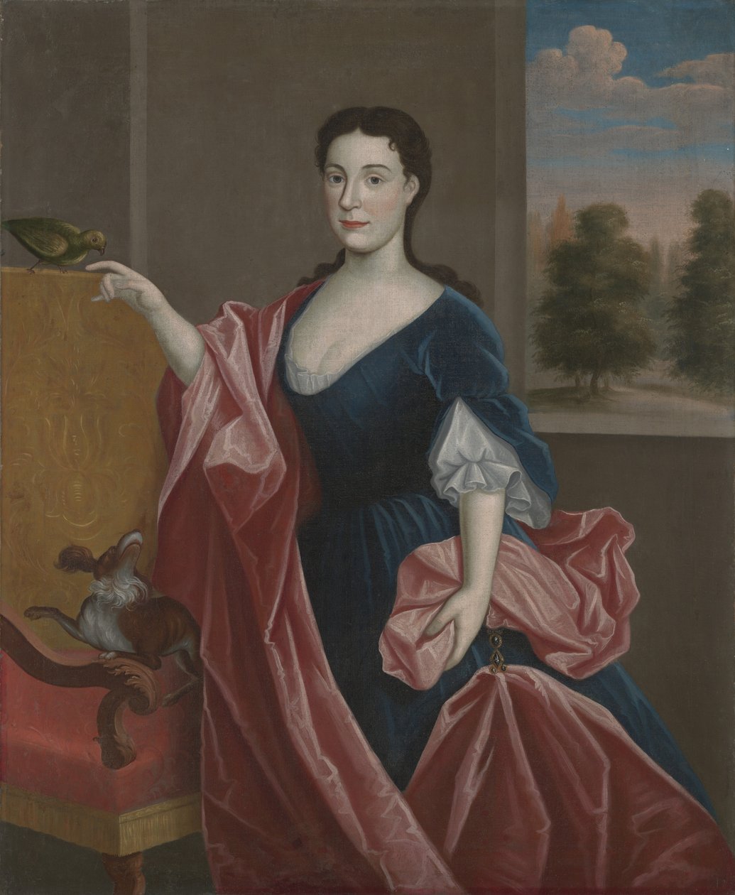 En Hudson Valley-dame med hund og papegøye, ca. 1720-30 av American School