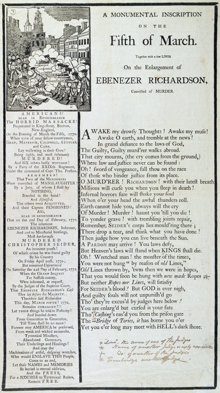 En monumental inskripsjon den femte mars, 1772 (trykk) av American School