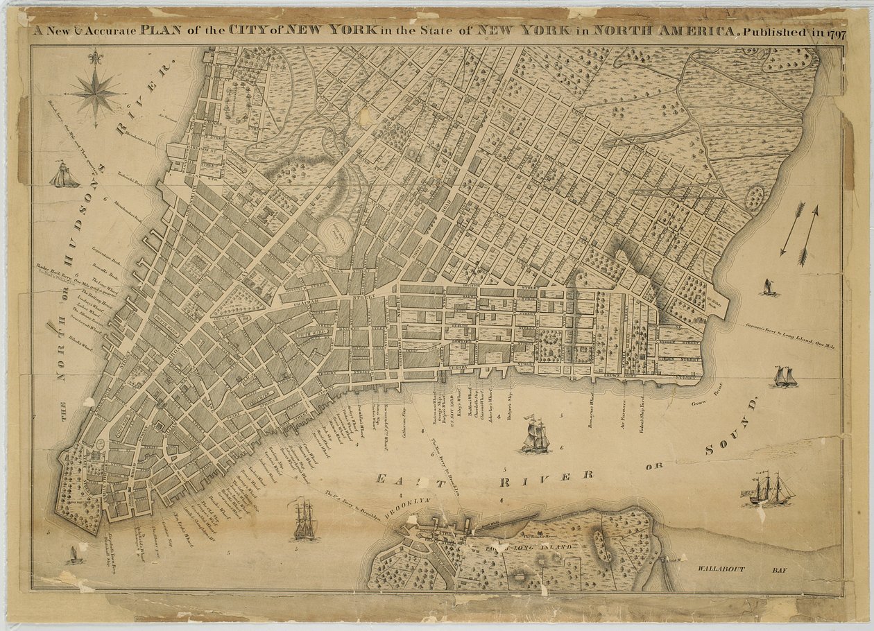 En ny og nøyaktig plan for byen New York i delstaten New York i Nord-Amerika, publisert i 1797, 1797 (svart og farget blekk på papir, bakket med klut) av American School