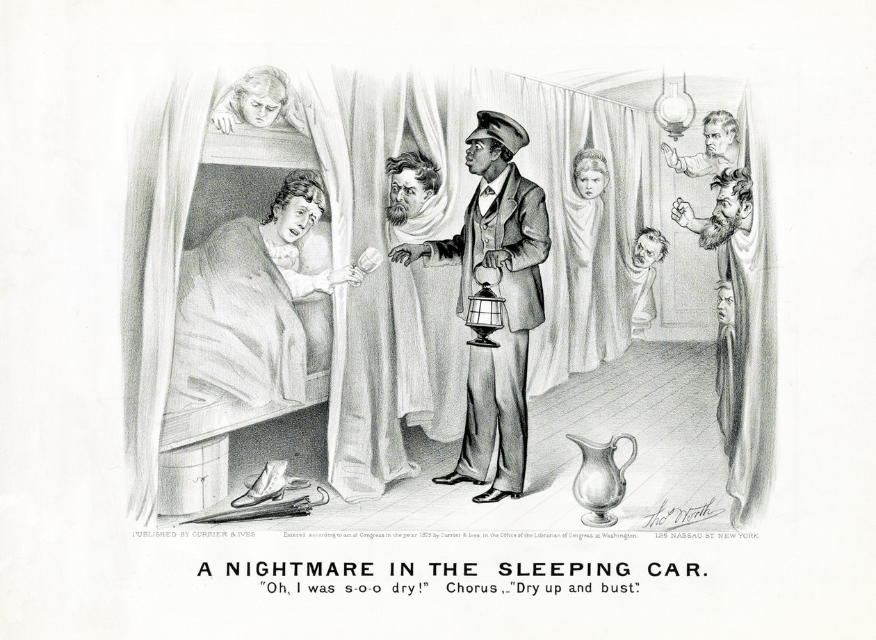A Nightmare in the Sleeping Car: Å, jeg var s-o-o tørr! Chorus: Dry up and bust., publisert ca. 1875 (litho) av American School
