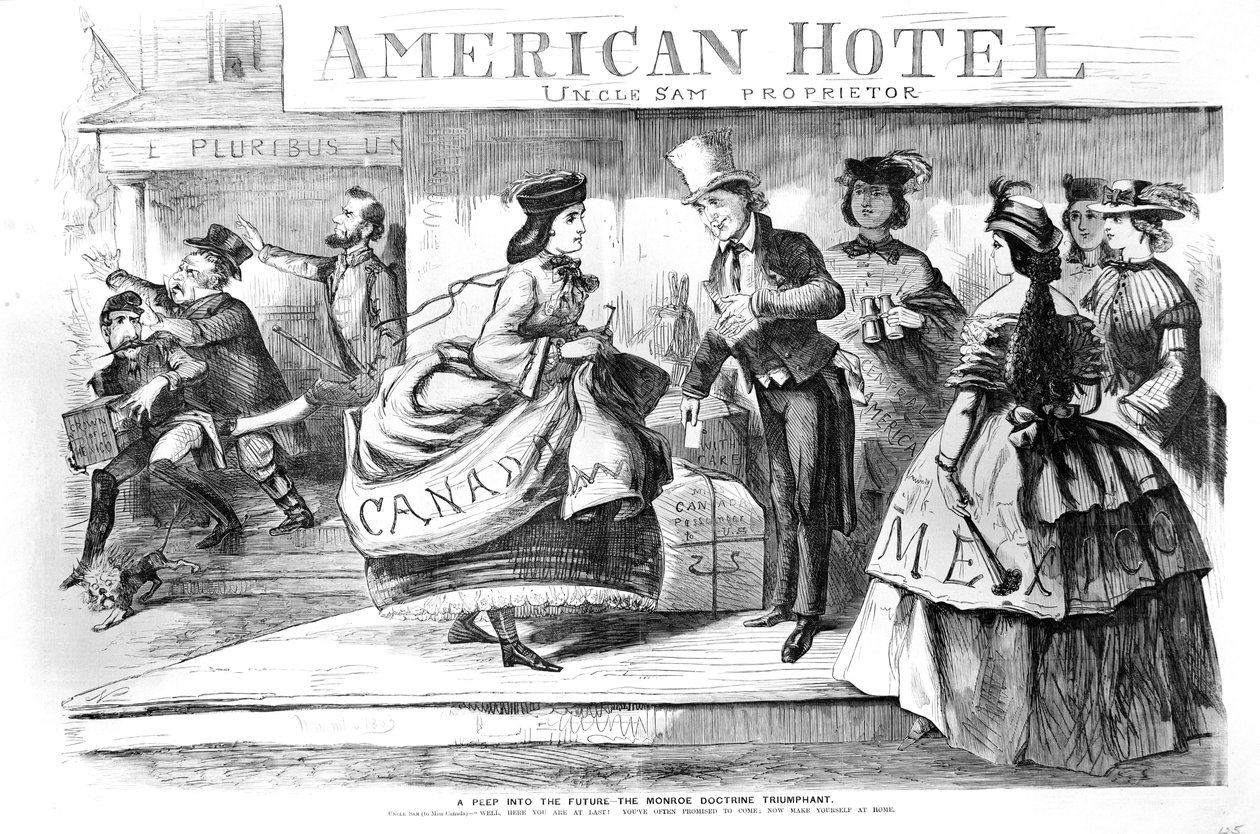 A Peep into the Future - Monroe Doctrine Triumphant tegneserie fra Frank Leslies Budget of Fun, november, 1863 av American School