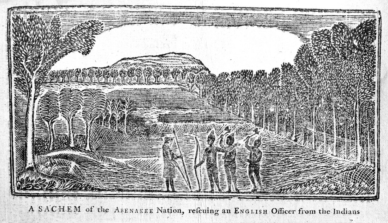 En Sachem fra Abenakee Nation som reddet en engelsk offiser, illustrasjon fra Bickerstaffs Boston Almanack, publisert 1768 av American School