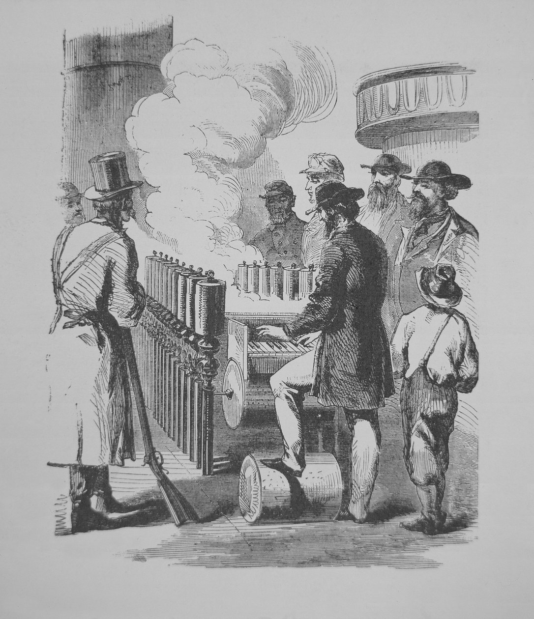 En dampdrevet kalliope, brukt på amerikanske dampbåter, ca. 1870 (gravering) av American School