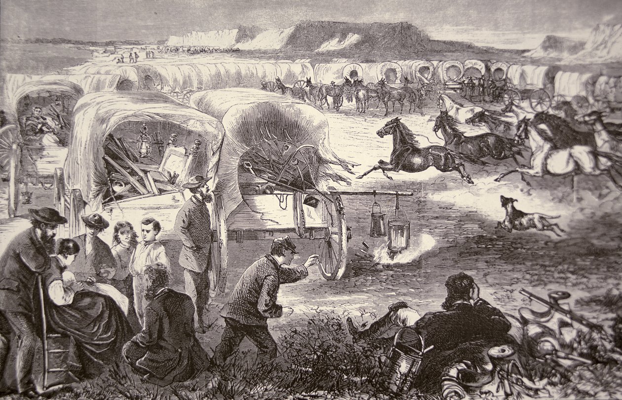 Et vogntog ble dannet til en innhegning på Oregon Trail av American School