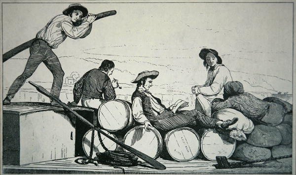 En flatbåt som frakter last på Mississippi-elven, ca. 1840 (gravering) av American School