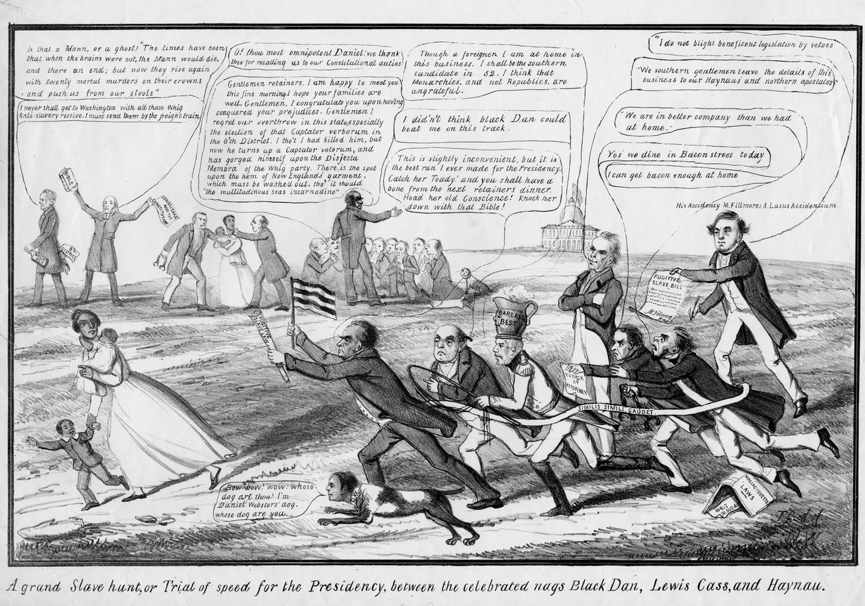 En storslått slavejakt, eller, prøvelse av fart for presidentskapet, mellom de berømte gnagene Black Dan, Lewis Cass og Haynau, utgitt av T.C., New York, ca. 1852 av American School